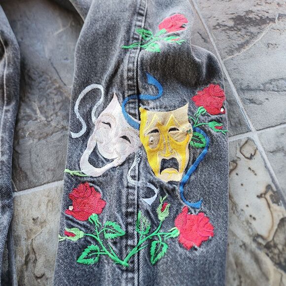 Vtg Dickies Jeans Women 40x30 Embroidered Performing Arts Comedy & Tragedy Roses - Picture 2 of 15
